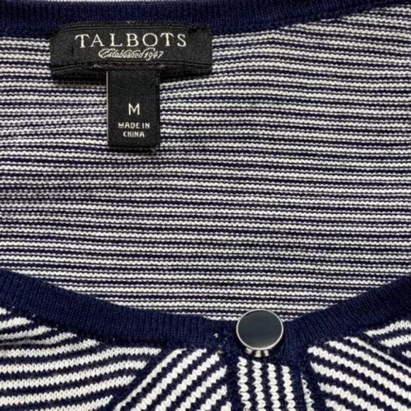 Talbots Ladies Button Front Ruffle Cardigan Medium Navy White Stripe 3/4 Sleeve - Picture 8 of 13